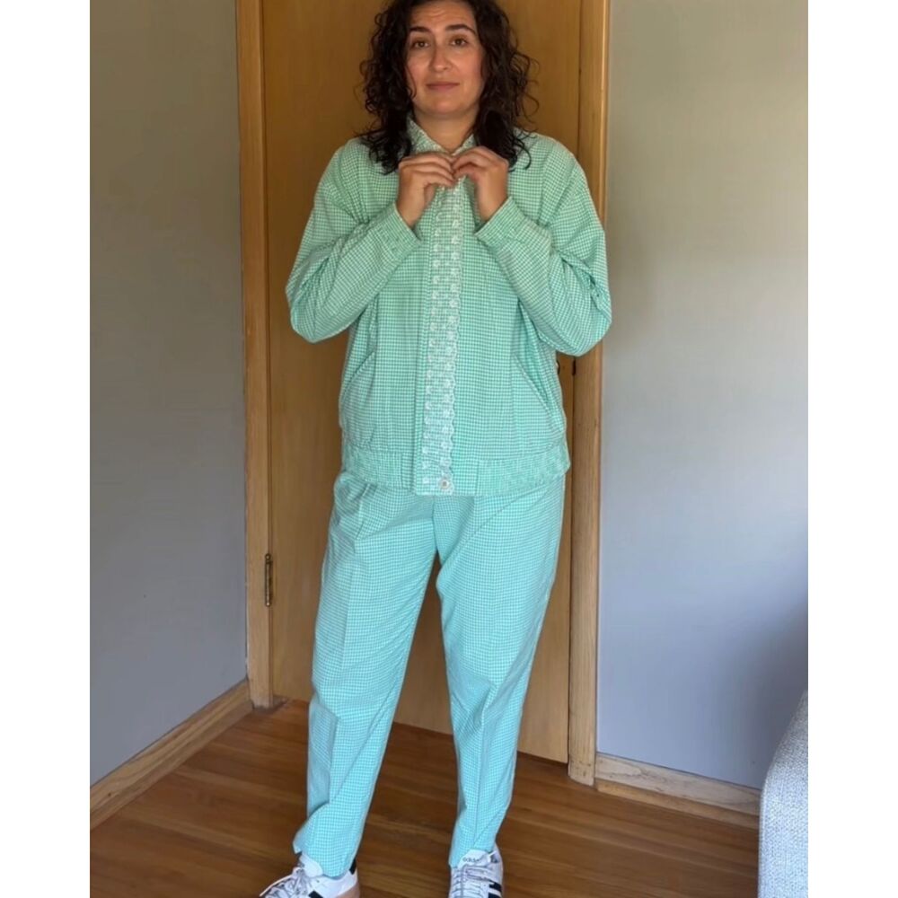 VTG Koret Francisca Green Gingham Track Suit Set Jacket Tapered Leg Pants M/L